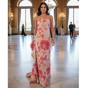 Donna Karan Pink & Gold Brocade Ruffled Strapless Ballgown Sz 14 NWT